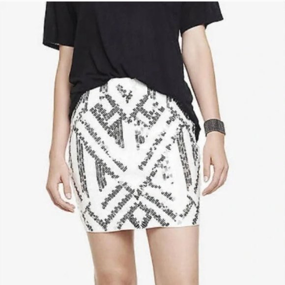 Express Dresses & Skirts - Express Black & White Geometric Sequin Bodycon Mini Skirt Size Medium